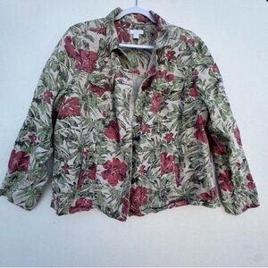 Charter Club Green and Red Utility Jacket Womens 2X Floral Design | 100% Linen